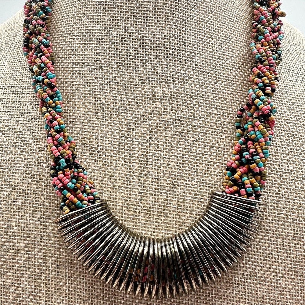 Vintage 90s Silver Tone Coil Rope Beaded Necklace Women's‎ Classic Jewelry